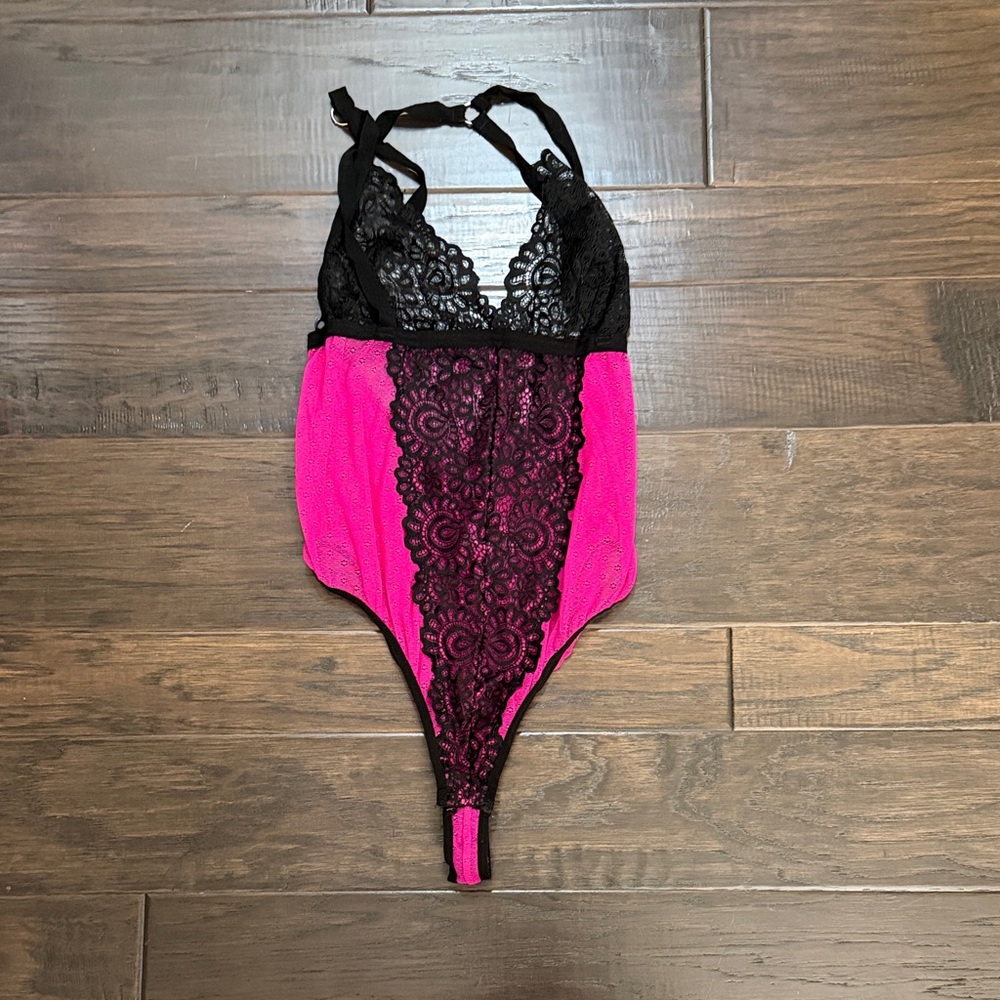 Lace Bodysuit in Black and Pink